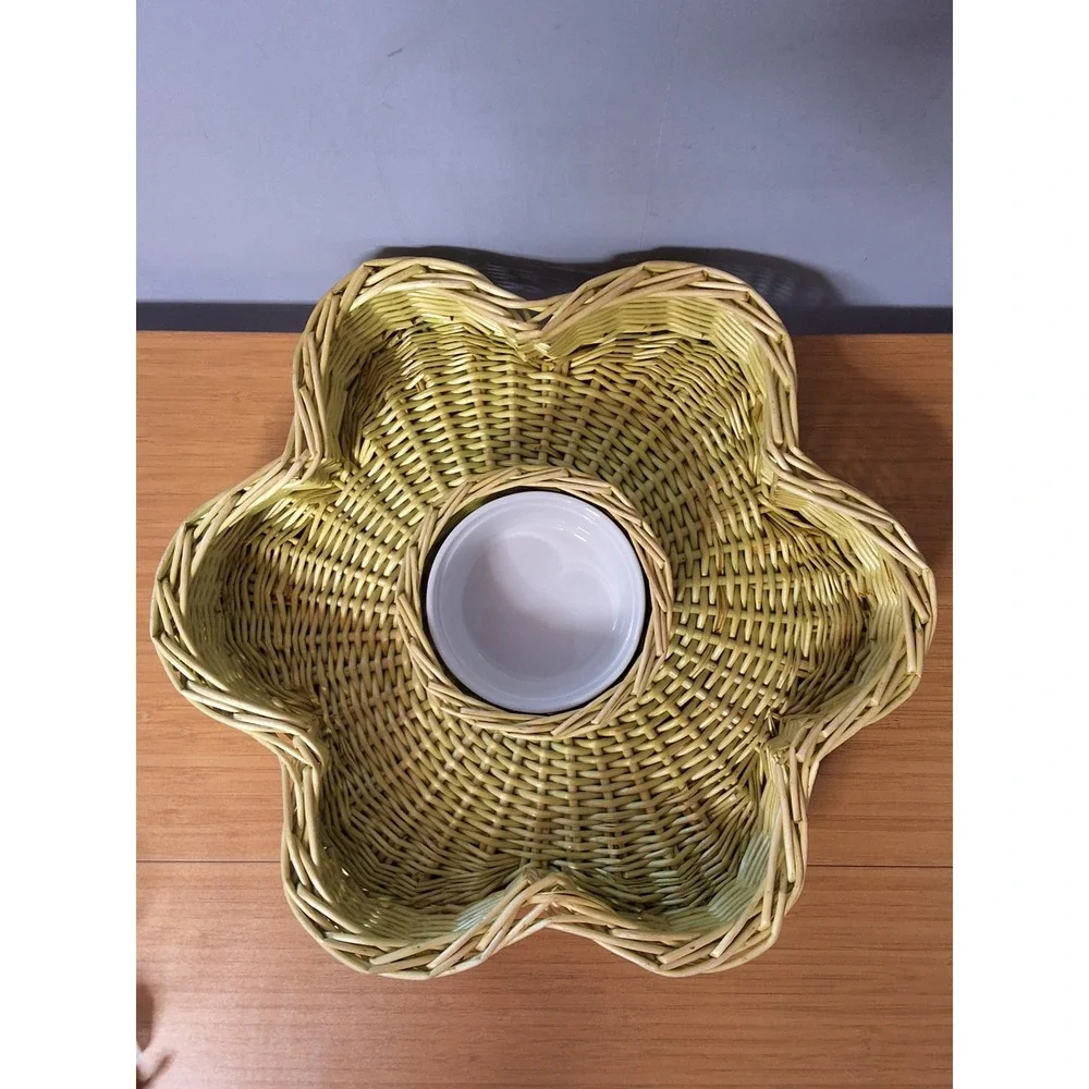 Woven Wicker Flower Chip and Dip Serving Set Lime Green with Ceramic Bowl GVC